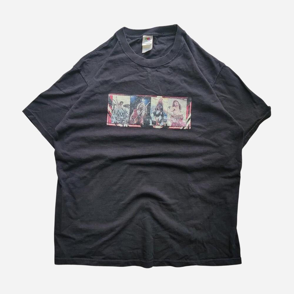 Black vintage band tee with graphic of four band members in a row
